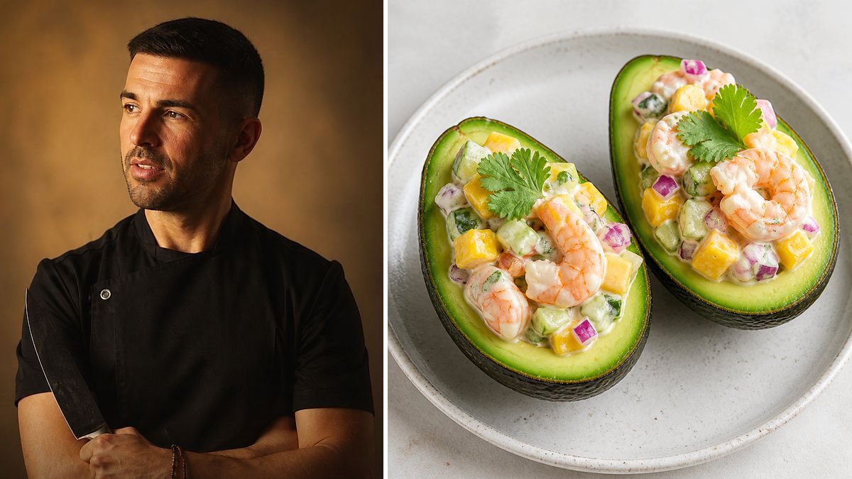 Dani Martín, cocinero, y su Aguacates rellenos de langostinos y mango en un montaje de HolyCook