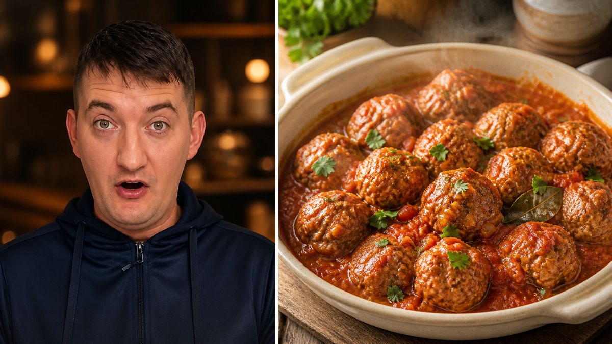 Engi Ignat, creador, y su Albóndigas de salchicha sin freír ni enharinar en un montaje de HolyCook