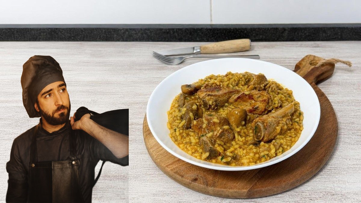 Pablo Suárez, con su retrato recortado sobre Arroz meloso de costillas, panceta y champiñones, en un montaje de HolyCook