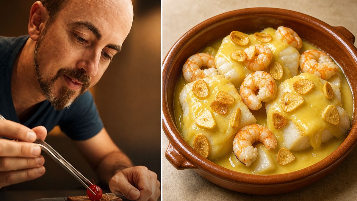Juan Sánchez, cocinero, y su Bacalao al pil pil con gambones en un montaje de HolyCook