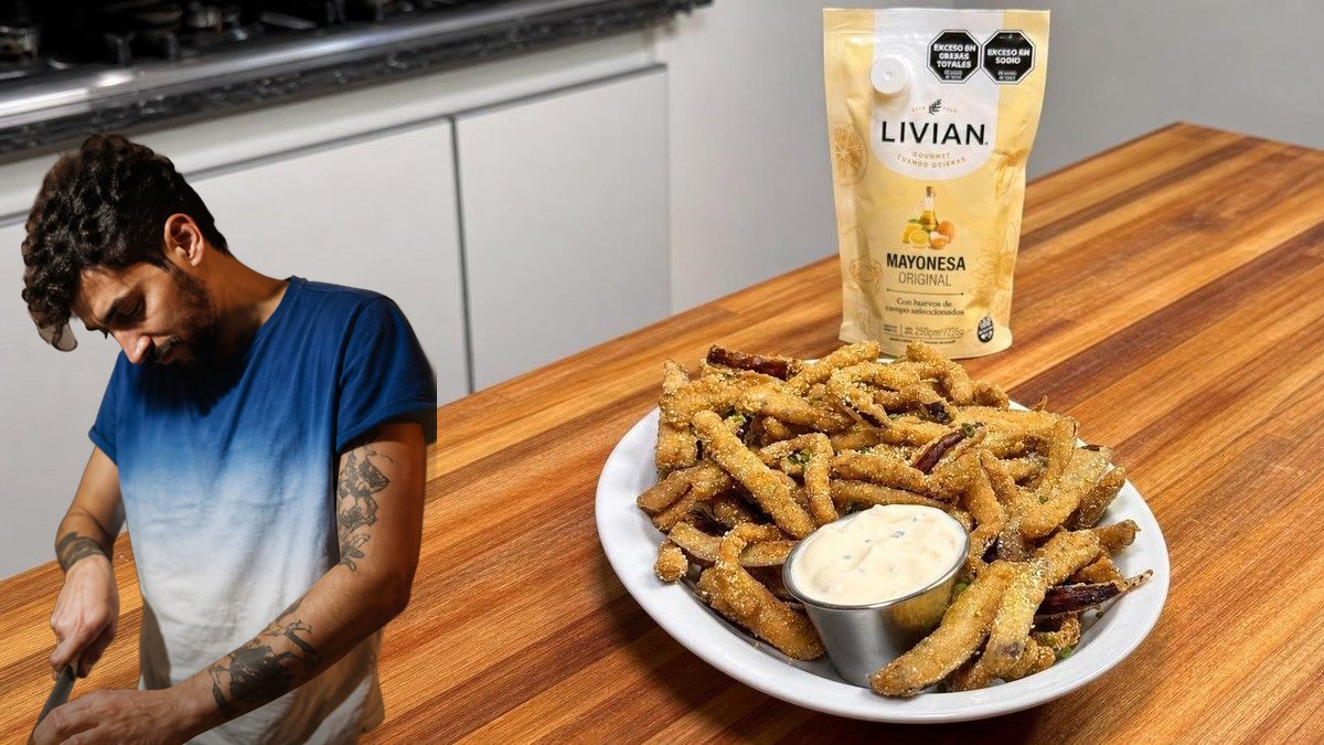 Armando Esquivel, con su retrato recortado sobre Berenjenas fritas crujientes con salsa fresca, en un montaje de HolyCook