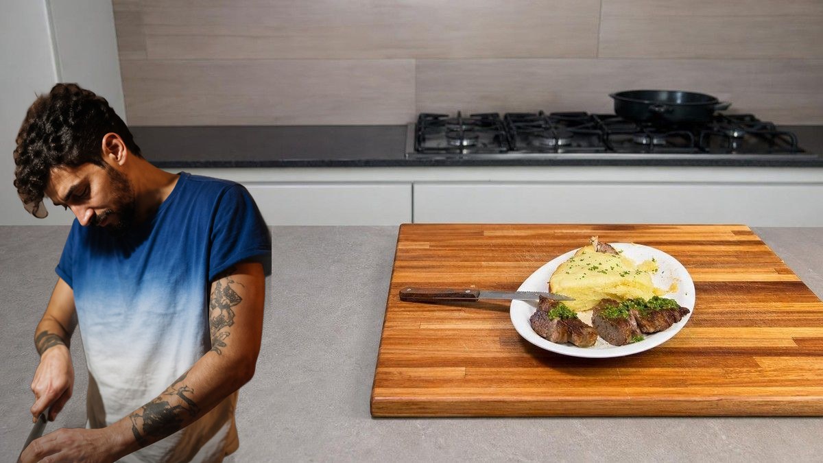 Armando Esquivel, con su retrato recortado sobre Bife con chimichurri, en un montaje de HolyCook