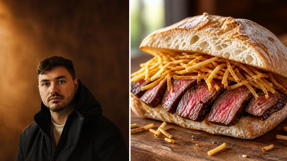 Ángel Cárcoba Gutierrez, chef, y su Bocadillo de entrecot con patatas paja en un montaje de HolyCook