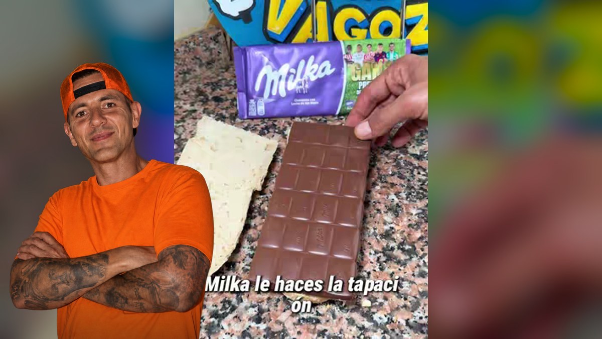 Arturo Carrasco Roman, con su retrato recortado sobre Bocadillo de chocolate Milka, en un montaje de HolyCook