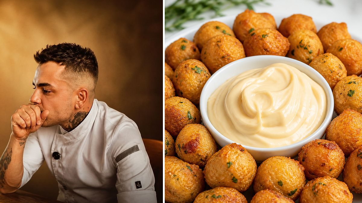 Karlos Bernal, cocinero, y su Bolitas de patata, guanciale y queso con mayonesa de huevo frito en un montaje de HolyCook