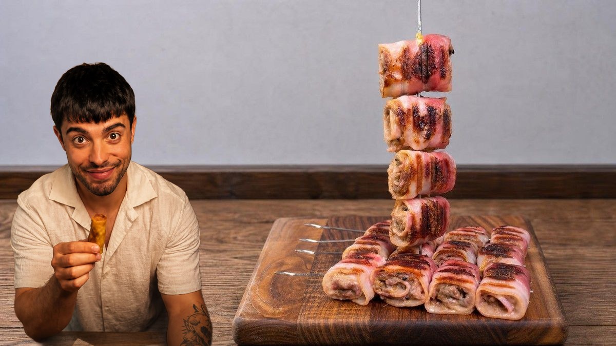 JP, con su retrato recortado sobre Brochetas de carne, bacon y mozzarella, en un montaje de HolyCook