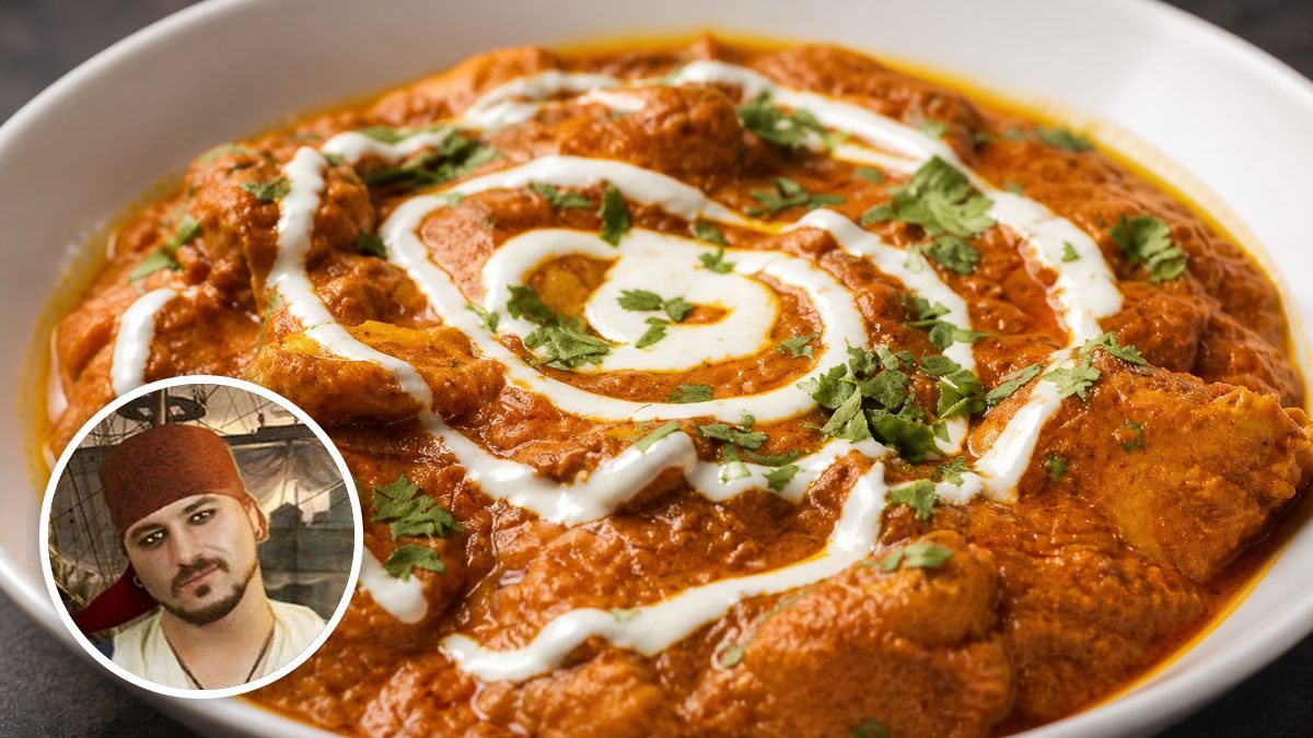 Butter chicken de @cocinadelpirata, con su foto de perfil en un montaje de HolyCook