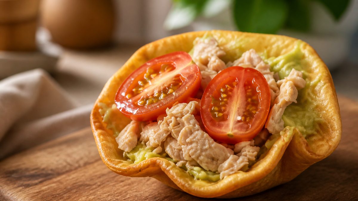 Cuencos crujientes de tortilla con guacamole, pollo y tomate, receta de Las recetas de mi madre