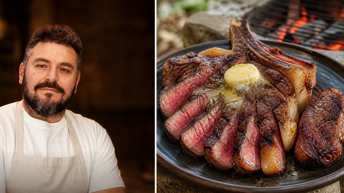 Charlito, chef, y su Chuleta a la brasa con orejita y toque de mantequilla (con mención a mus de garbanzo) en un montaje de HolyCook