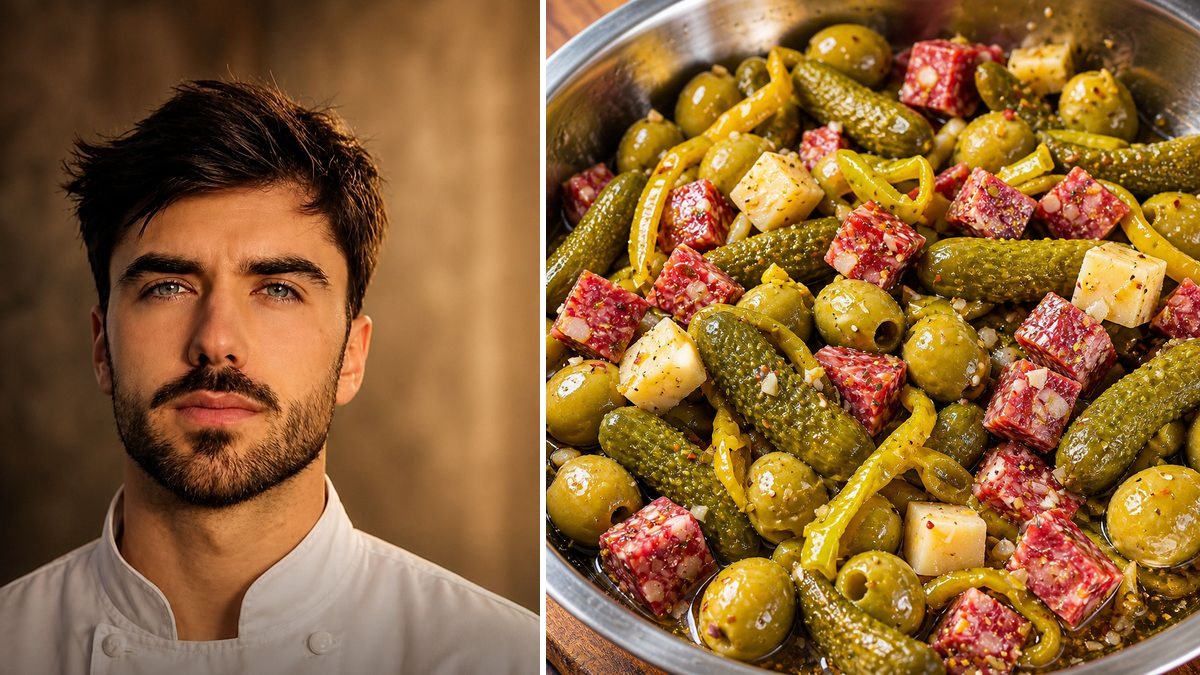 Santiago, cocinero, y su Cóctel de encurtidos con fuet y queso curado en un montaje de HolyCook