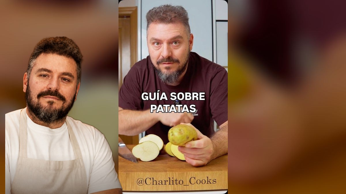Charlito, con su retrato recortado sobre Guía sobre patatas, en un montaje de HolyCook