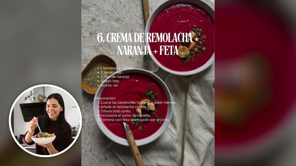 Crema de remolacha, naranja y feta de Sandra Balcells, con su foto de perfil en un montaje de HolyCook