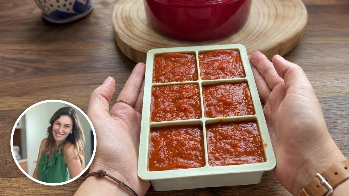 Cubitos de sofrito concentrado para arroces y guisos de pescado de Noelia Oliver, con su foto de perfil en un montaje de HolyCook