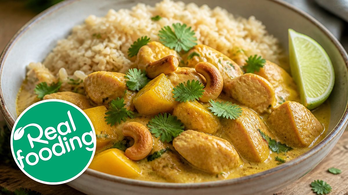 Curry con pollo y mango de @realfooding, con su foto de perfil en un montaje de HolyCook