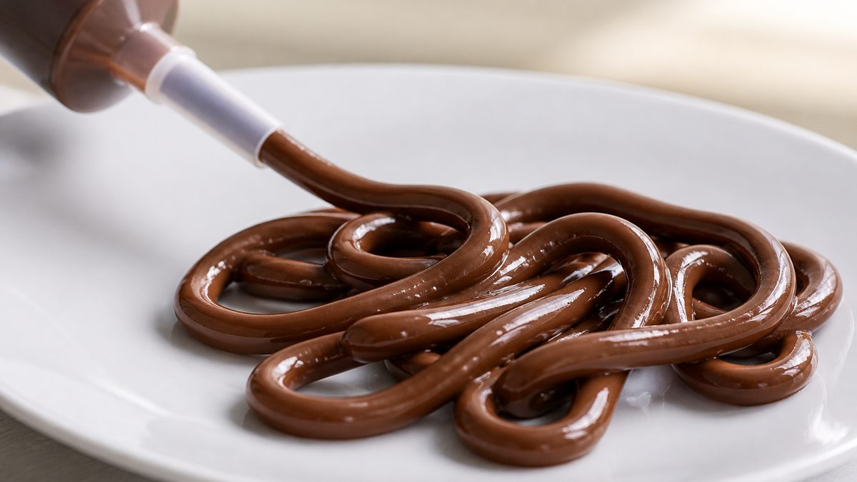 Elmonochef hace fideos de chocolate con agar-agar usando jeringa y tubo