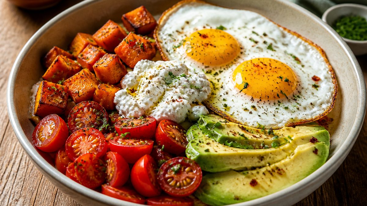 Ensalada templada de boniato, tomates cherry, aguacate, queso cottage y huevos, receta de chefbosquet