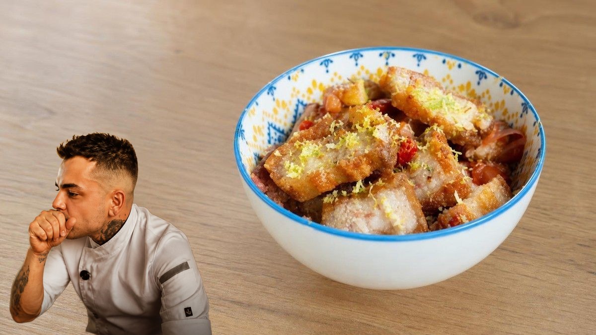 Karlos Bernal, con su retrato recortado sobre Ensalada tropical con chicharrón de panceta, en un montaje de HolyCook
