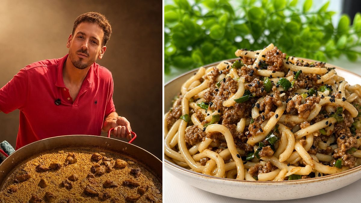 Willy Pascual, cocinero, y su Fideos udon con ternera en un montaje de HolyCook