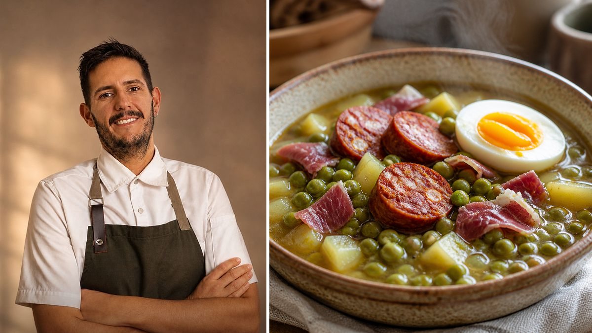 Marcos Serén, cocinero, y su Guiso de guisantes con huevo, chorizo y jamón en un montaje de HolyCook