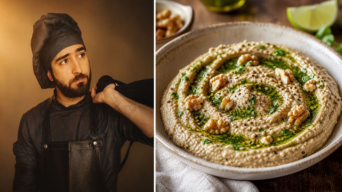 Pablo Suárez, cocinero, y su Hummus de lentejas y nueces con aceite de cilantro en un montaje de HolyCook