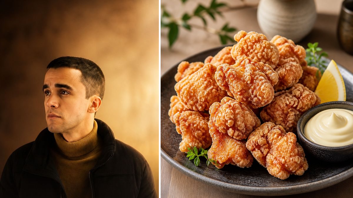 Diego Doal, cocinero, y su Karaage de pollo con mayonesa japonesa en un montaje de HolyCook