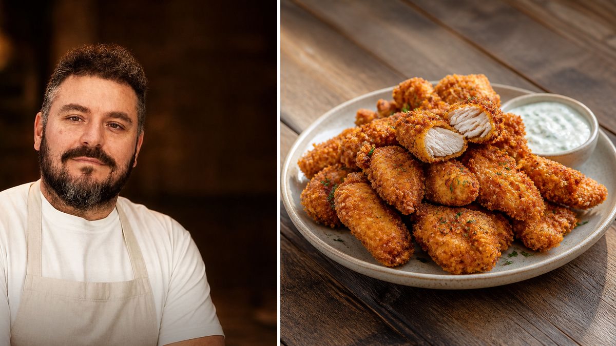 Charlito, chef, y su Lágrimas de pollo caseras con salsa de yogur en un montaje de HolyCook