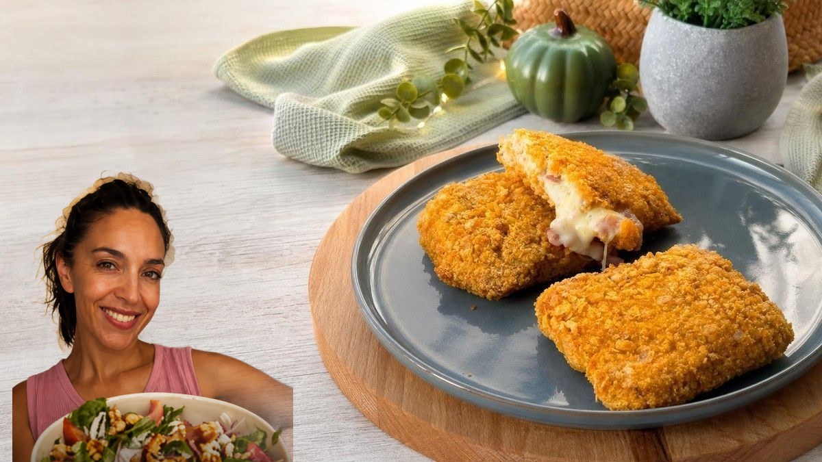 Laura Ferreira, con su retrato recortado sobre Libritos crujientes de pollo rellenos en freidora de aire, en un montaje de HolyCook