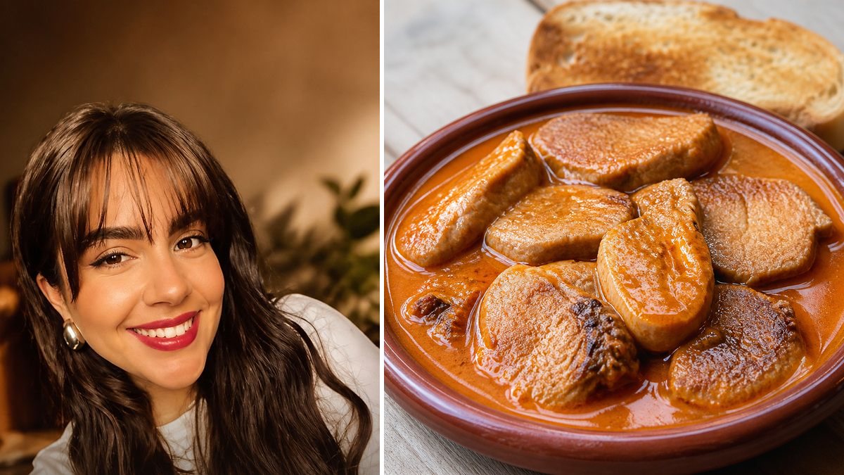 Sofía Cruz, cocinera, y su Lomo en manteca colorá en un montaje de HolyCook