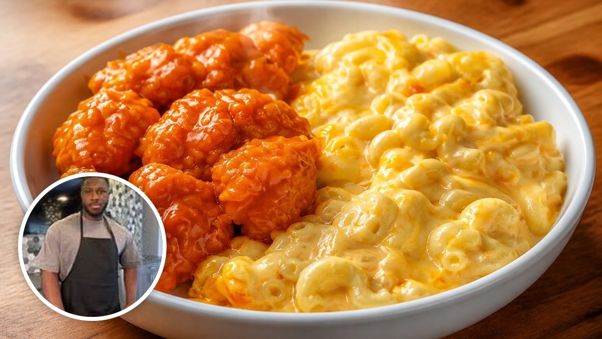 Buffalo Chicken Mac and Cheese de @mex_cooks, con su foto de perfil en un montaje de HolyCook
