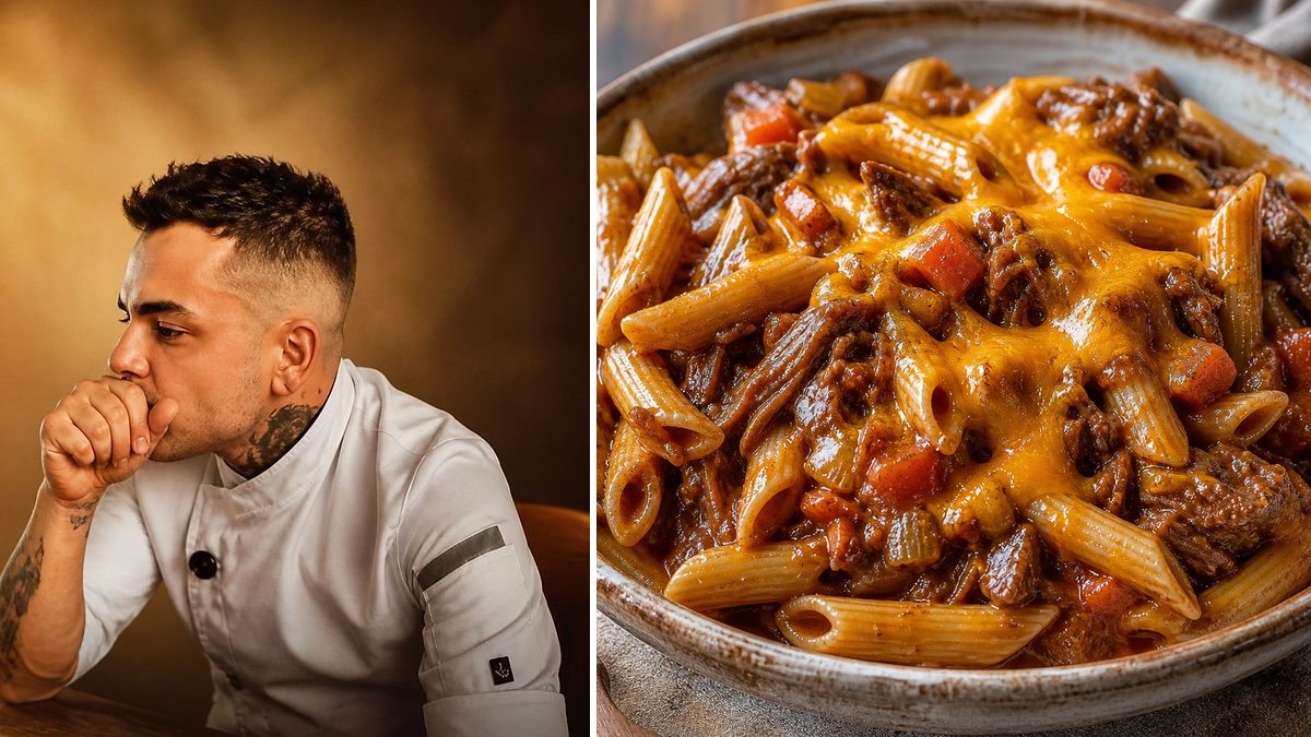 Karlos Bernal, cocinero, y su Macarrones con ternera mechada y queso cheddar en un montaje de HolyCook