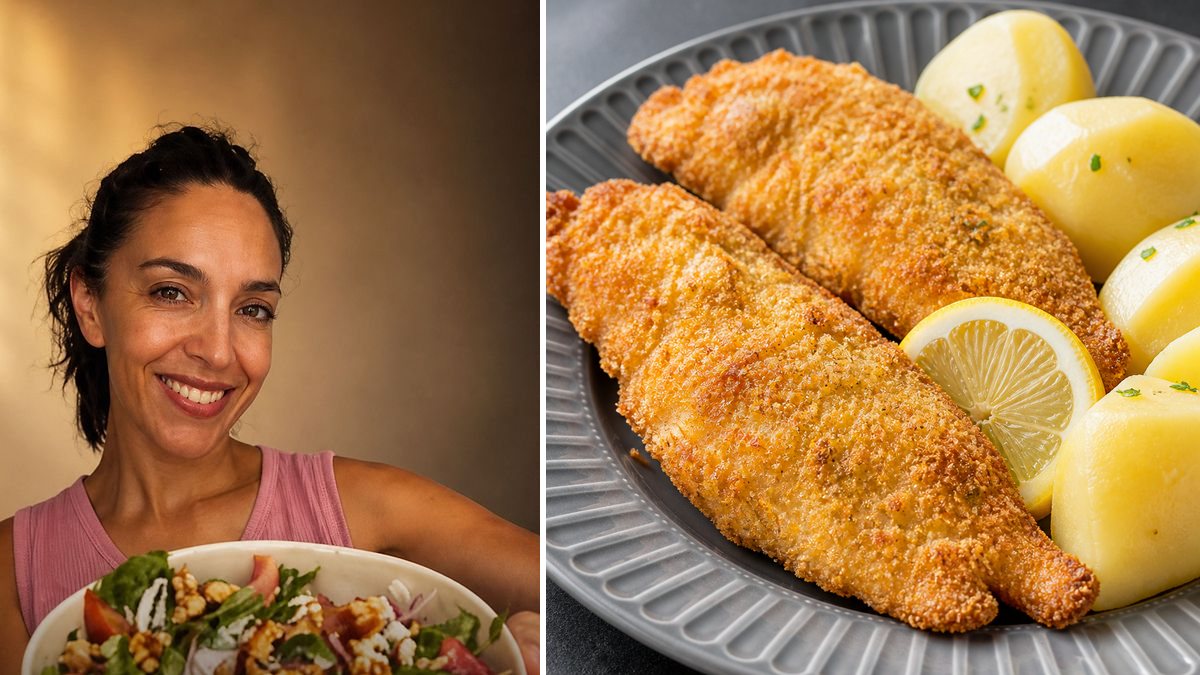 Laura Ferreira, cocinera, y su Filetes de merluza empanados en freidora de aire en un montaje de HolyCook