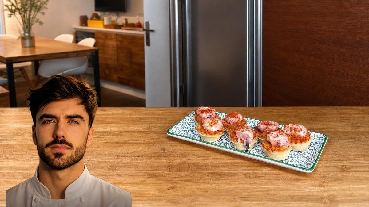 Santiago, con su retrato recortado sobre Montaditos de pulpo a la sobrasada, en un montaje de HolyCook