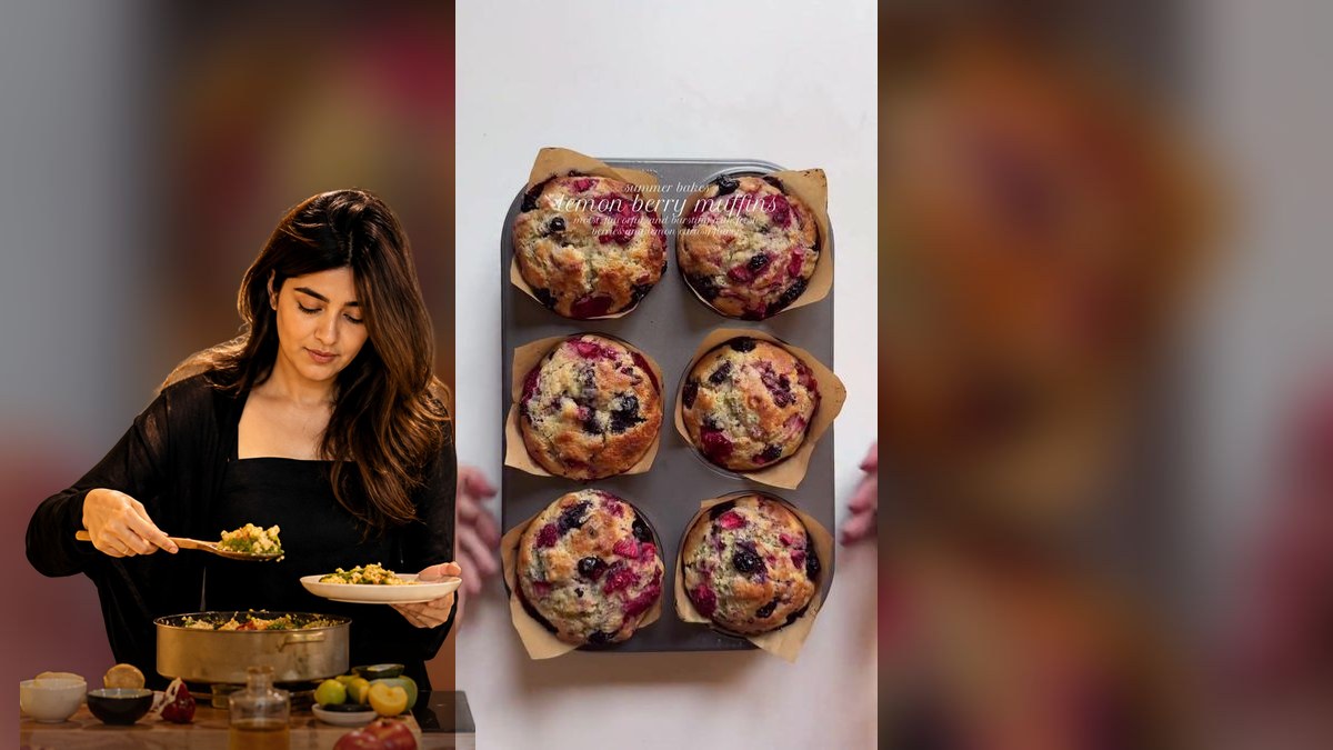 Iram Mansoor, con su retrato recortado sobre Muffins de limón y frutos rojos, en un montaje de HolyCook