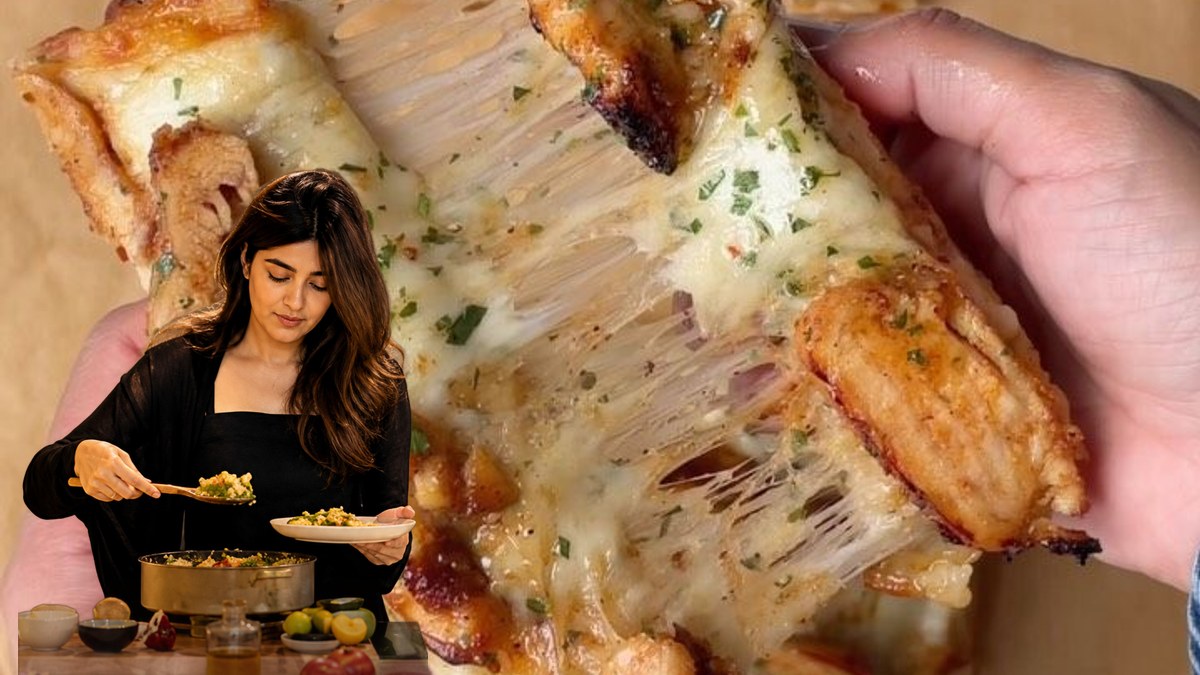 Iram Mansoor, con su retrato recortado sobre Pan de ajo con pollo, miel picante y alioli, en un montaje de HolyCook