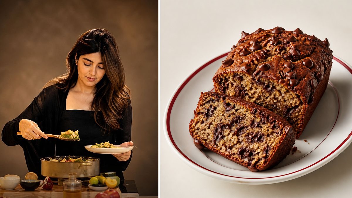 Iram Mansoor, cocinera, y su Pan de plátano con chocolate y mantequilla dorada en un montaje de HolyCook