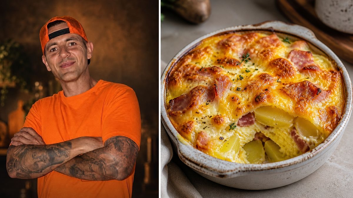 Arturo Carrasco Roman, cocinero, y su Patatas de bote con huevo, jamón y queso en airfryer en un montaje de HolyCook
