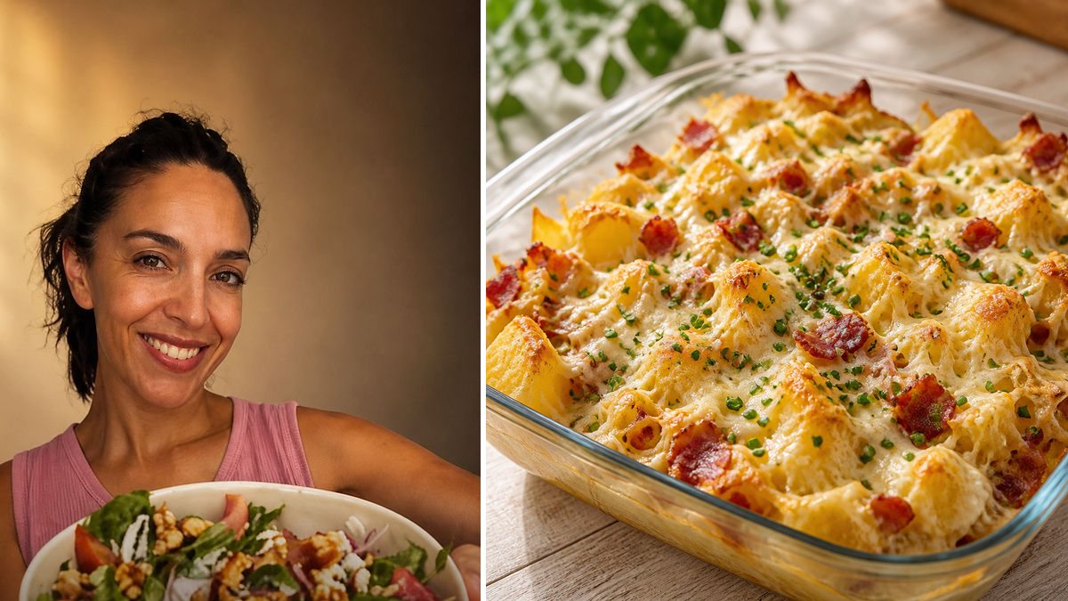 Laura Ferreira, cocinera, y su Patatas Foster en freidora de aire en un montaje de HolyCook