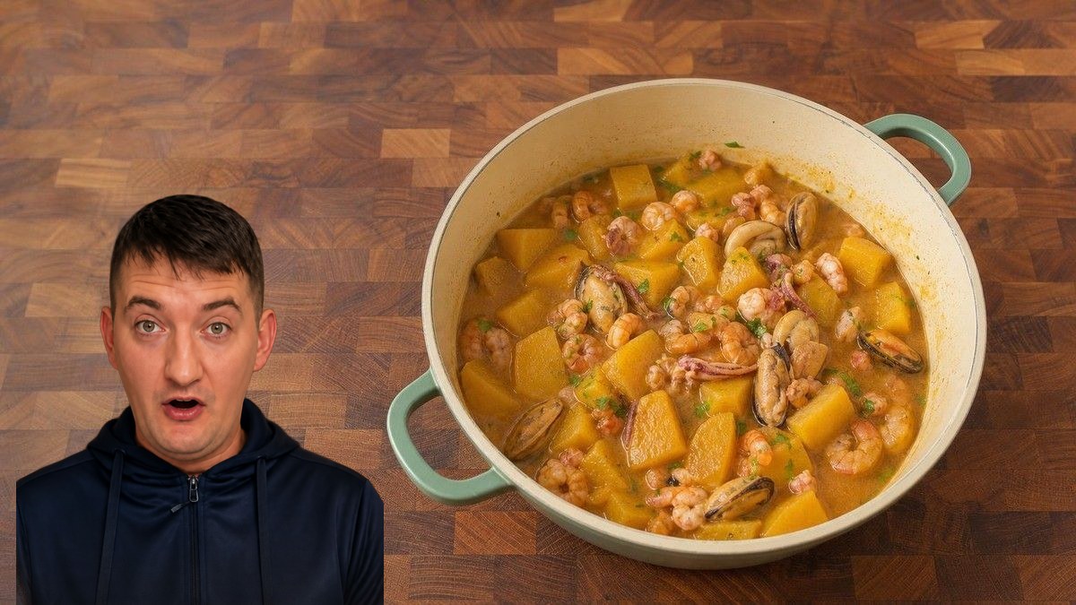 Engi Ignat, con su retrato recortado sobre Patatas a la marinera, en un montaje de HolyCook