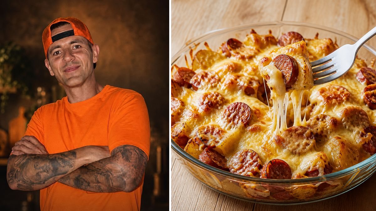 Arturo Carrasco Roman, cocinero, y su Patatas con salchichas y queso en airfryer en un montaje de HolyCook