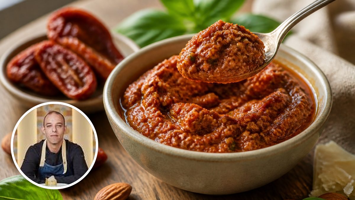 Pesto rosso de Enrique Pereira, con su foto de perfil en un montaje de HolyCook