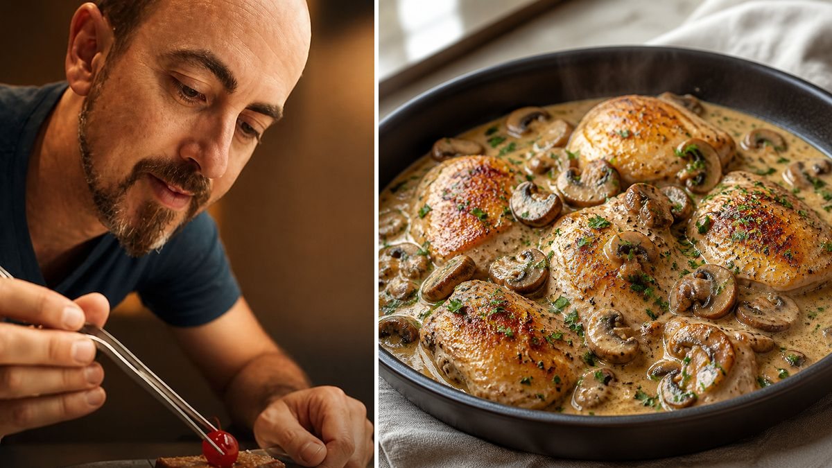 Juan Sánchez, cocinero, y su Pollo cremoso con champiñones en un montaje de HolyCook