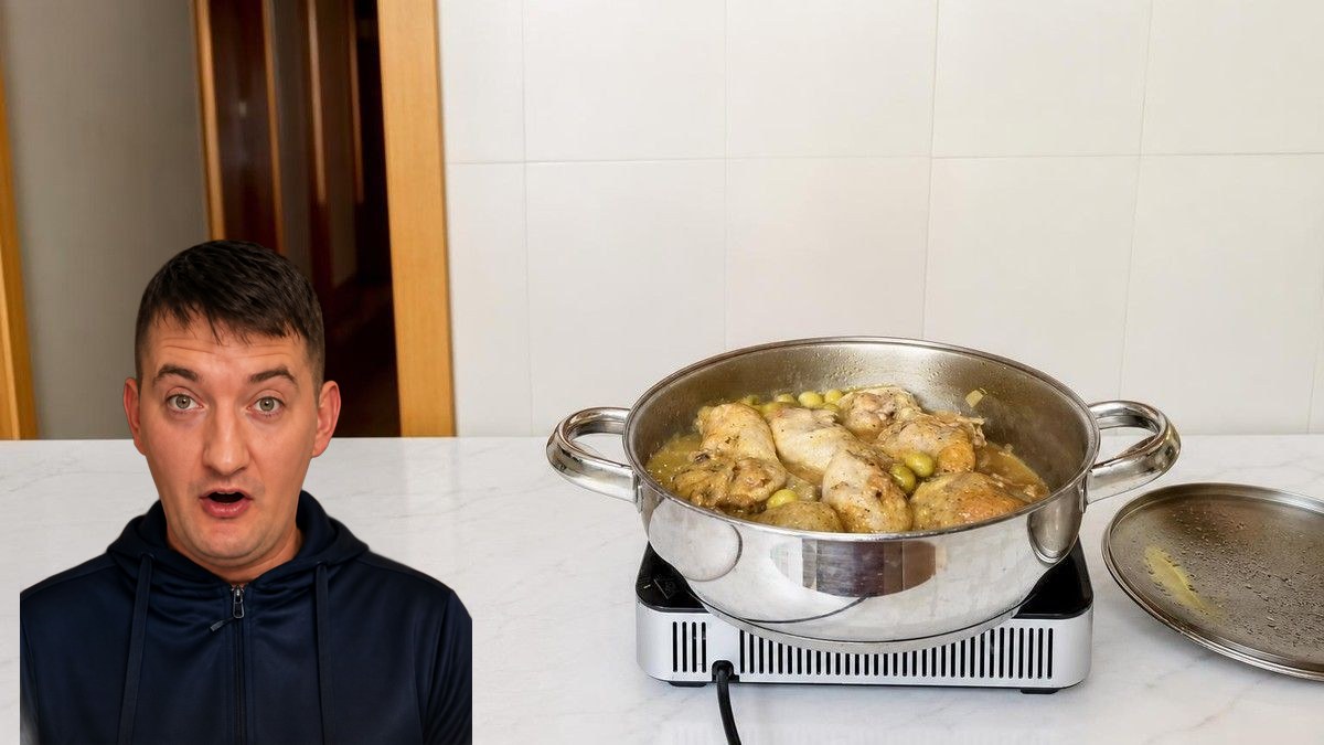 Engi Ignat, con su retrato recortado sobre Pollo a la naranja, en un montaje de HolyCook