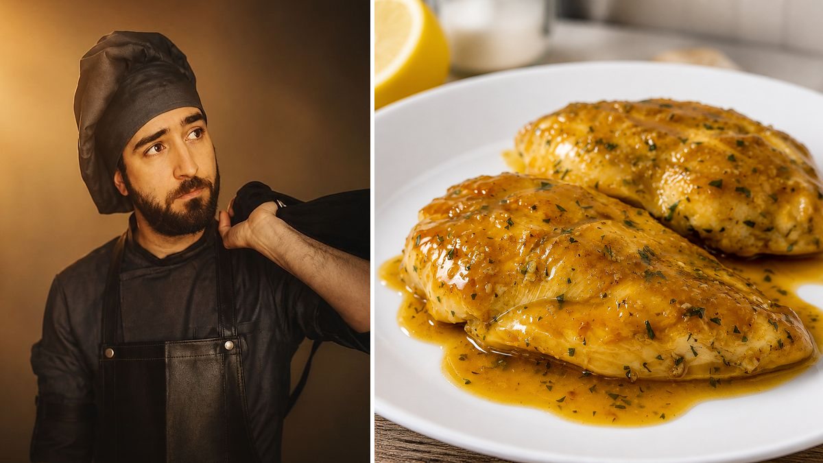 Pablo Suárez, cocinero, y su Pollo en salsa de miel, limón y soja en un montaje de HolyCook