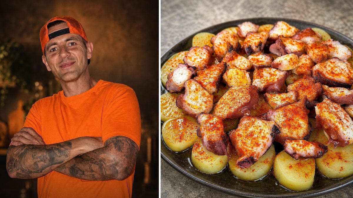 Arturo Carrasco Roman, cocinero, y su Pulpo a la gallega para vagos en un montaje de HolyCook