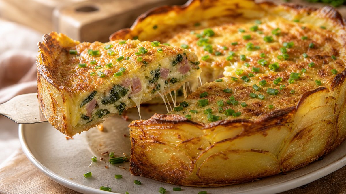 Quiche con corteza de patata prensada y prehorneada, por @itskatiebien