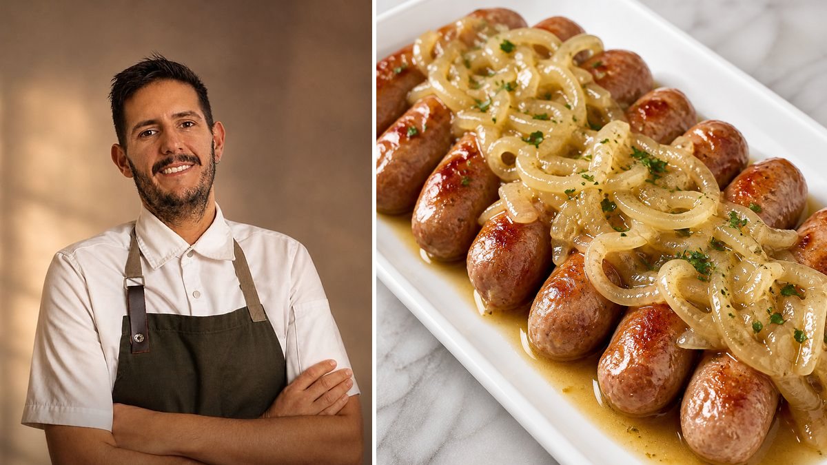 Marcos Serén, cocinero, y su Salchichas al vino en un montaje de HolyCook