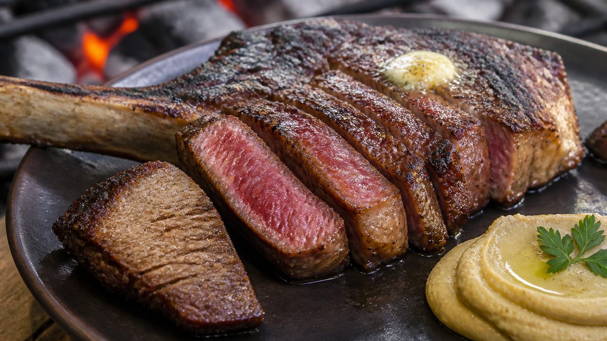 Chuleta a la brasa con orejita y toque de mantequilla (con mención a mus de garbanzo), receta de Charlito Cooks