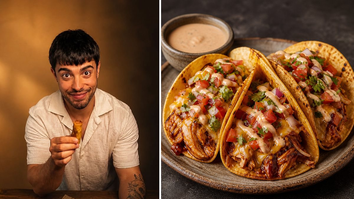 JP, cocinero, y su Tacos de pollo barbacoa con queso, pico de gallo y salsa en un montaje de HolyCook