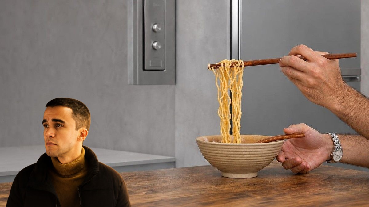 Diego Doal, con su retrato recortado sobre Tantanmen de ramen cremoso con carne picada, en un montaje de HolyCook