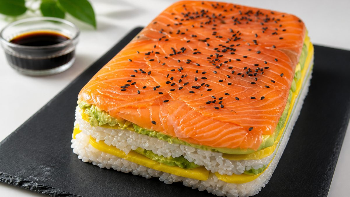Tarta sushi de salmón ahumado, aguacate y mango, receta de lasrecetasdemimadre